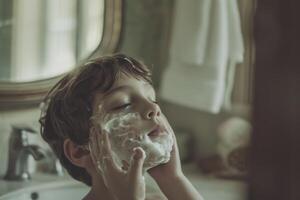 ai generado niño jugando con espuma en el baño. generativo ai foto