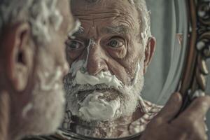 ai generado antiguo hombre con blanco pelo afeitado su barba en el baño. generativo ai foto