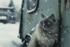 ai generado el muñeca de trapo gato estar siguiente a un antiguo remolque en el nieve. generativo ai foto