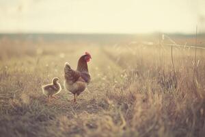 ai generado un pollo es caminando abajo un campo lleno de bebé pollos generativo ai foto