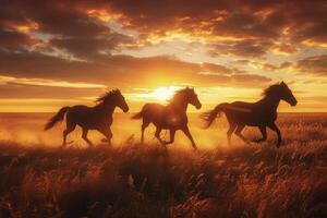 AI generated a group of horses running in a field sunset. generative ai photo