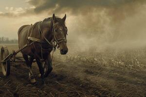 ai generado trabajando caballo arada trigo campo con un arado. generativo ai foto