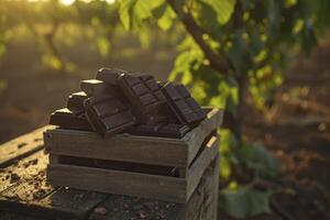 AI generated box full of chocolate with the field in the background. generative ai photo