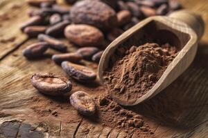 AI generated bowl of cocoa powder with seeds. generative ai photo