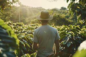 AI generated man among the plants on a cocoa plantation. generative ai photo