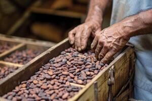 AI generated person selecting cocoa beans. generative ai photo