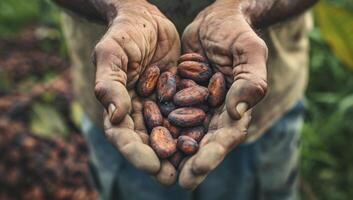 AI generated man holds a handful of cocoa beans. generative ai photo