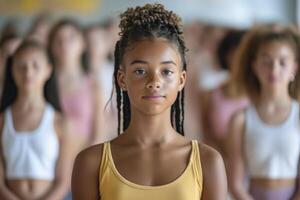 ai generado hembra bailarines en pie en un ballet clase. generativo ai foto