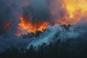 ai generado un bosque quemaduras en un incendio provocado ese estragos el tierra. generativo ai foto