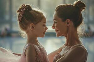 AI generated mother in a ballet tutu and her daughter practicing together. generative ai photo