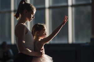 ai generado madre en un ballet tutu y su hija practicando juntos. generativo ai foto