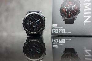 Bangkok, Thailand - March 9, 2024 Garmin Epix Pro Gen 2, Sapphire Edition 47 mm. The professional smart premium sport, running, triathlon, fitness and smartwatch, shows burned calories photo