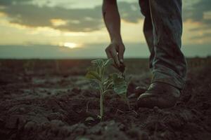 AI generated farmer kneeling on the ground planting seeds. generative ai photo