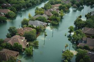 AI generated aerial view of a town that has been flooded. generative ai photo