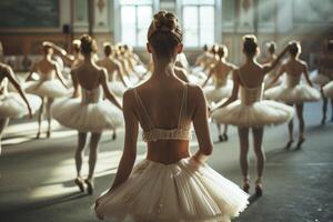 ai generado hembra bailarines en pie en un ballet clase. generativo ai foto