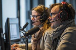 ai generado dos radio locutores con micrófonos en un estudio. generativo ai foto