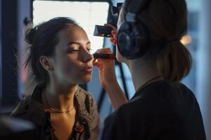 ai generado mujer aplicando maquillaje en un vídeo estudio. generativo ai foto