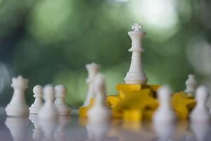 Leader chess piece standing on top and with many pawn chess pieces on ground. photo