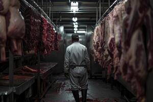 AI generated butcher in a slaughterhouse between pieces of meat. generative ai photo