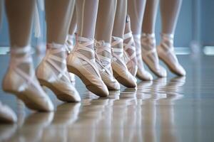 ai generado cerca arriba de el piernas de un ballet clase en un fila. generativo ai foto