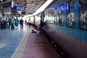 Kathgodam, Uttarakhand, India, September 25 2023 - Indian railway train at Kathgodam railway station platform during morning time, Colourful train at Kathgodam, Uttarakhand railway station photo