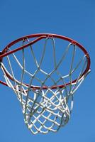 closeup of outdoor basketball hoop against blue sky photo