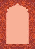 Indian red window frame with floral patterns in Mughal style vector oriental decorative design template, place for text card, wedding invitation