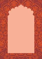 Indian red window frame with floral patterns in Mughal style vector oriental decorative design template, place for text card, wedding invitation