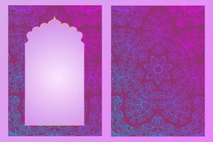 Indian lilac purple window in Mughal style vector large unfolded oriental frame design template, place for text card, wedding invitation