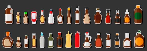 Ilustración sobre el tema kit grande botellas de vidrio variadas llenas de jarabe de chocolate líquido vector