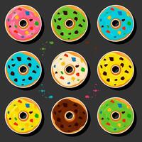 Illustration on theme big set different types sticky donuts, sweet doughnuts various size vector