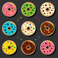 Illustration on theme big set different types sticky donuts, sweet doughnuts various size vector