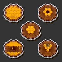 Illustration on theme for label of sugary flowing down honey in honeycomb with bee vector