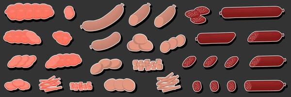 Ilustración sobre el tema del gran conjunto de diferentes tipos de embutidos de carne delicatessen vector