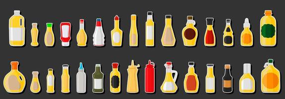 Ilustración sobre el tema kit grande botellas de vidrio variadas llenas de salsa de queso líquida vector