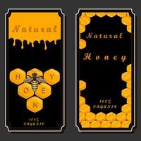 Illustration on theme for label of sugary flowing down honey in honeycomb with bee vector