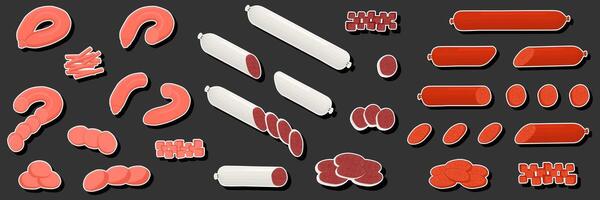 Illustration on theme big set different types delicatessen meat sausages vector