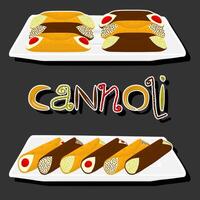 Illustration on theme big set different types sweet waffles Sicilian dessert cannoli vector