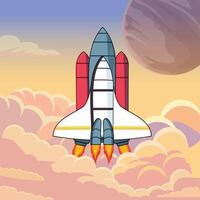 Rocket launch in the sky flying over clouds. Space ship in smoke clouds vector