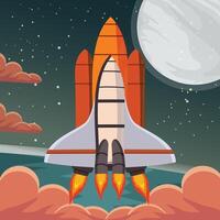 Rocket launch in the sky flying over clouds. Space ship in smoke clouds vector