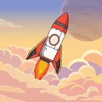 Rocket launch in the sky flying over clouds. Space ship in smoke clouds vector