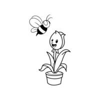 vintage style groovy cartoon character tulip plant, pot, cute bee illustration. vector. isolated white background. vector