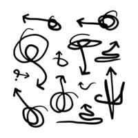 Collection hand drawn arrows. Set simple arrows isolated on white background. Arrow mark icons. Hand drawn freehand different curved lines, swirls arrows. Doodle marker. vector