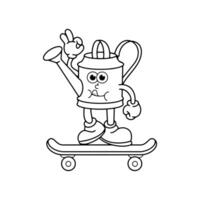 groovy character plants and skateboard. Trendy cartoon retro groovy character style. watering can. Vector illustration.