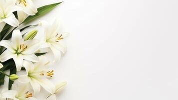 AI generated flowers white pastel lilies composition on a white background copy space template photo