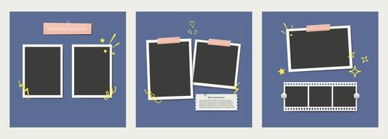 Polaroid Blank photo frame collage with doodle template vector set