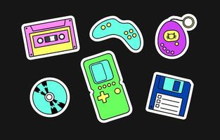 90s Devices Nostalgic Stickers Set. Retro gadgets for video games, data storage devices. 90s 00s style vector