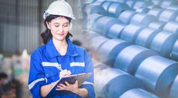 Engineers women mechanic holding check list on clipboard and pen in steel factory workshop. Industry robot programming software for automated manufacturing technology photo