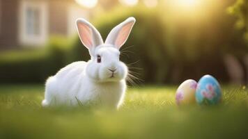 AI generated fluffy bunny easter white rabbit and color eggs on green nature background. Symbol of easter festival. photo