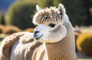 ai generado un retrato de gracioso alpaca animal pasto en verde campo en azul cielo foto